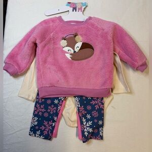 Pekkle Baby Pink Fox Fleece Top & Floral Legging 4 Piece Set 9Mth